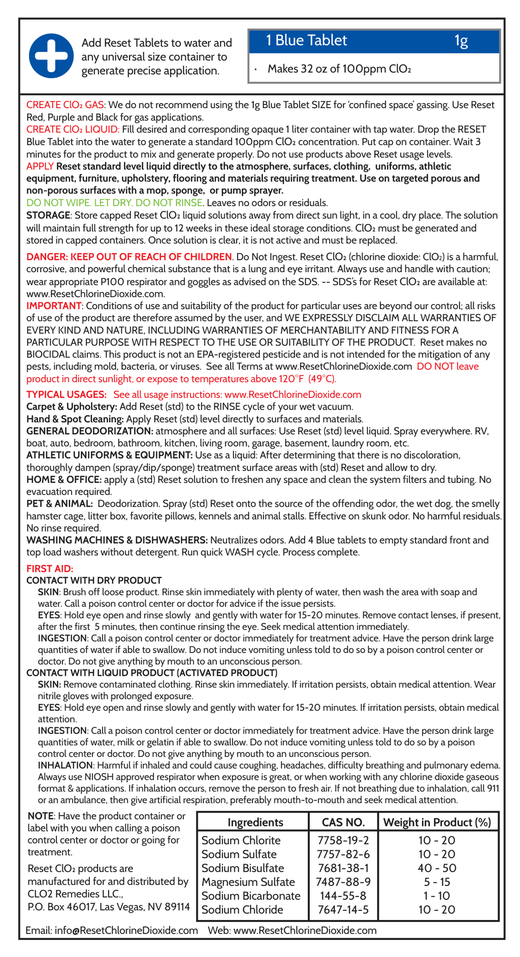 Reset Blue Pak back label — directions and first aid