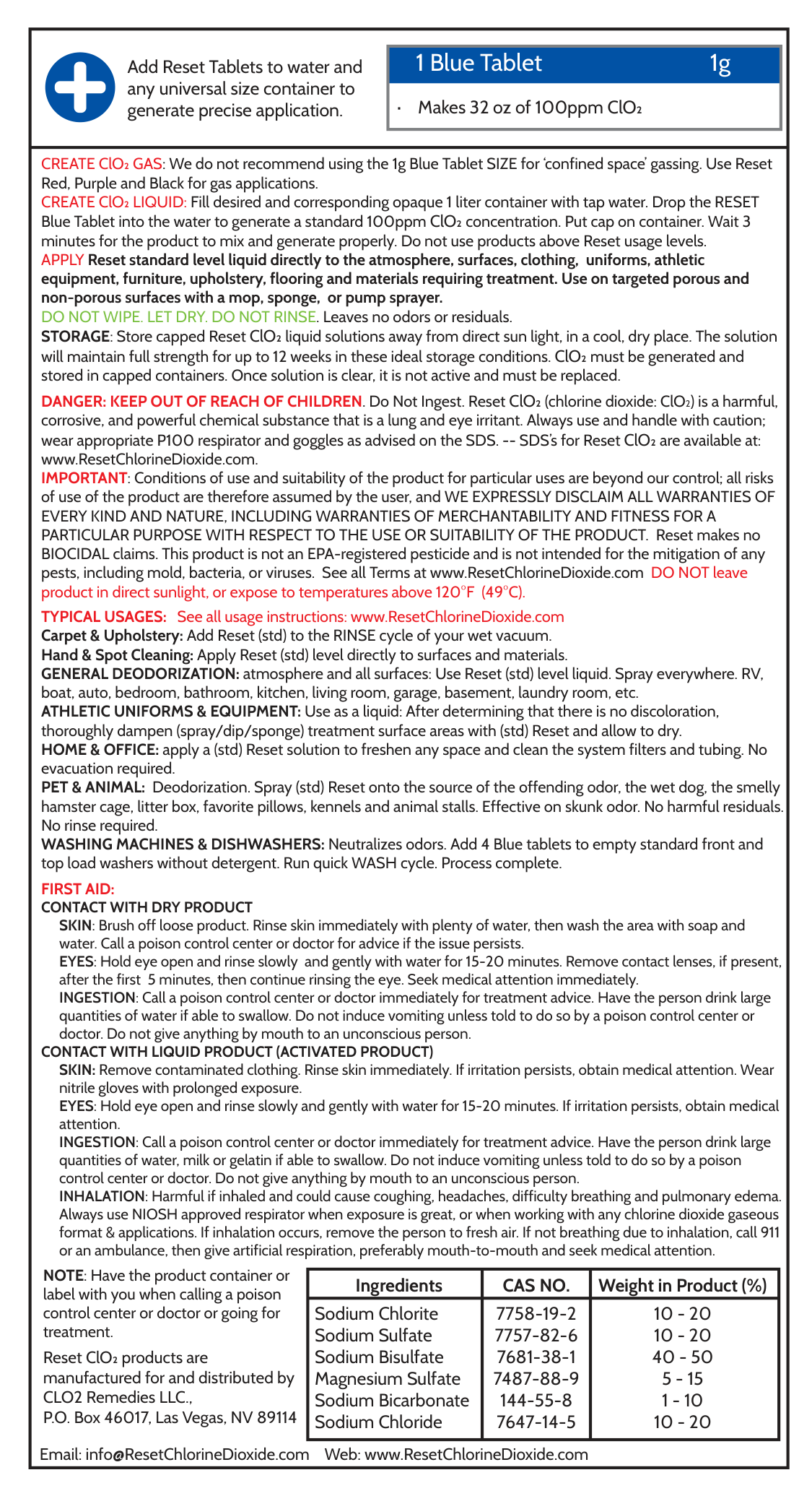 Reset Blue Pak back label — directions and first aid