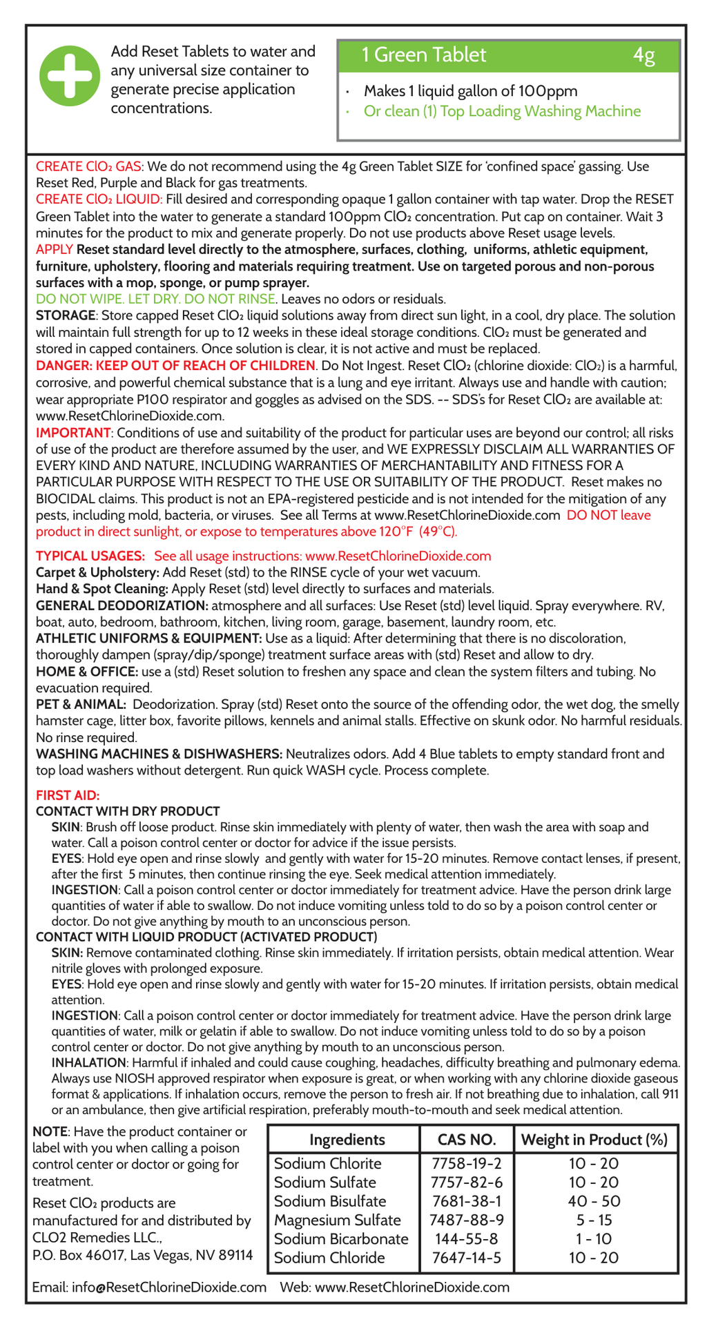 Reset Green Pak back label — directions and first aid