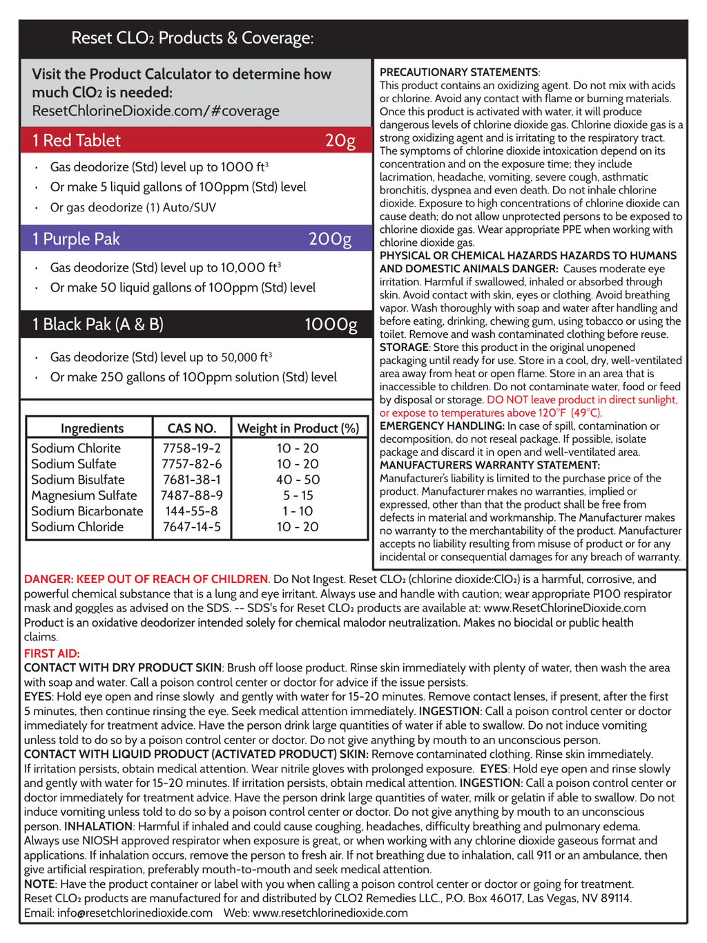 Reset Red, Purple and Black Pak back label — directions and first aid