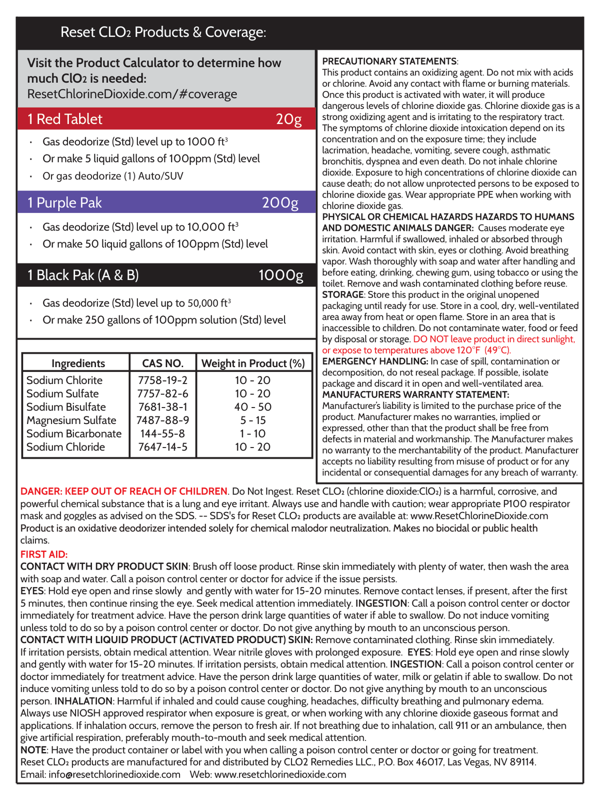 Reset Red, Purple and Black Pak back label — directions and first aid