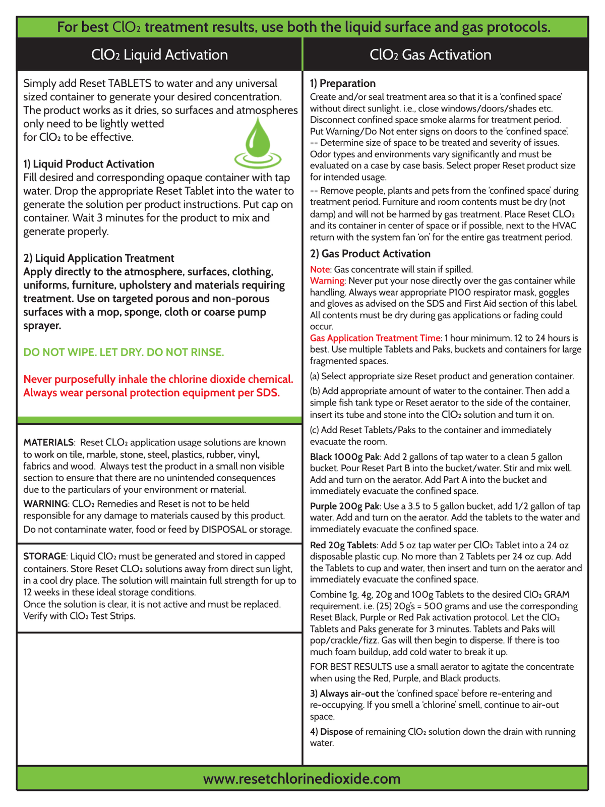 Reset Red, Purple and Black Pak back label — liquid and gas activation