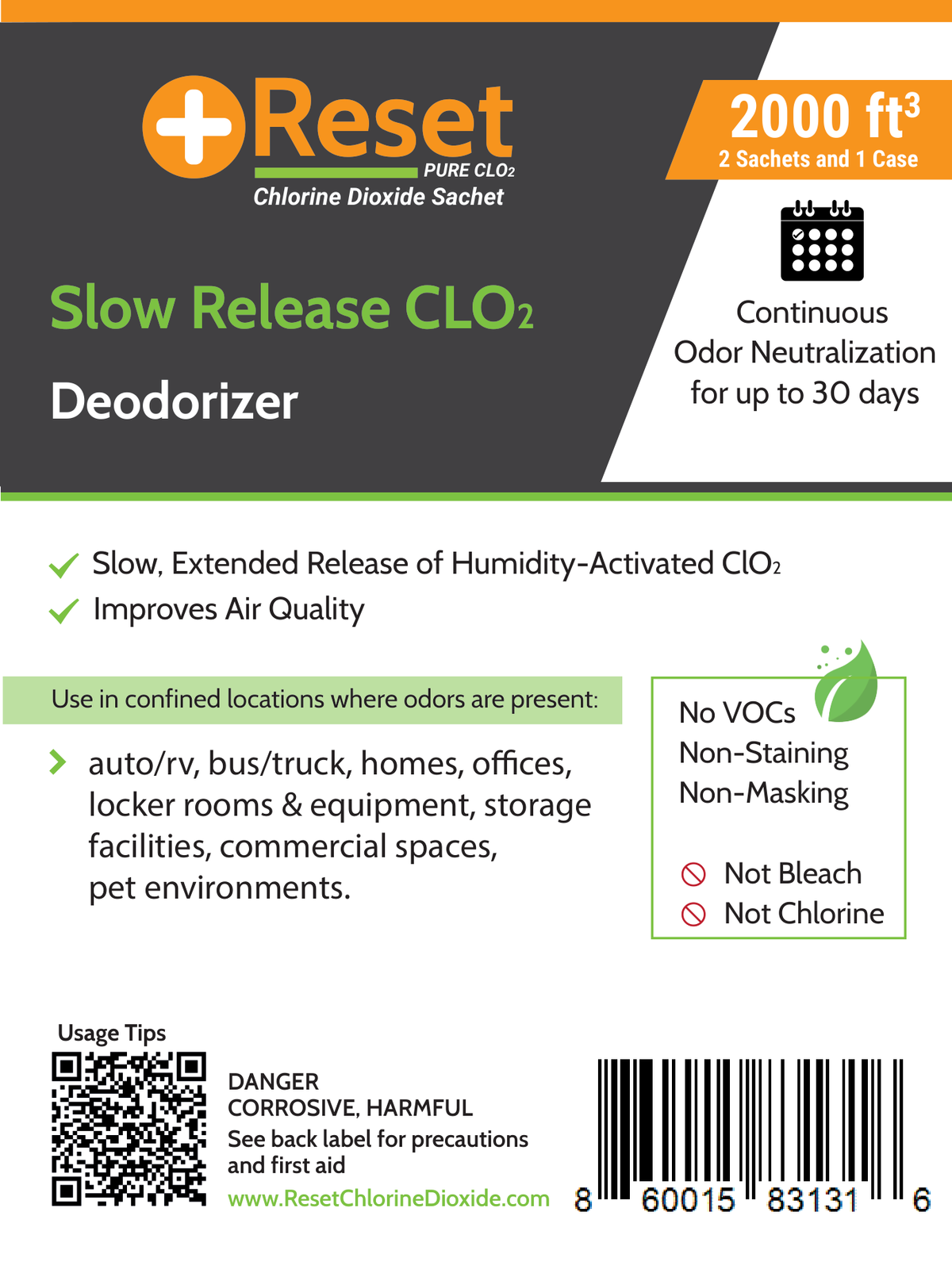 Reset Slow Release 2,000 cubic feet front label — 2 sachets and 1 case