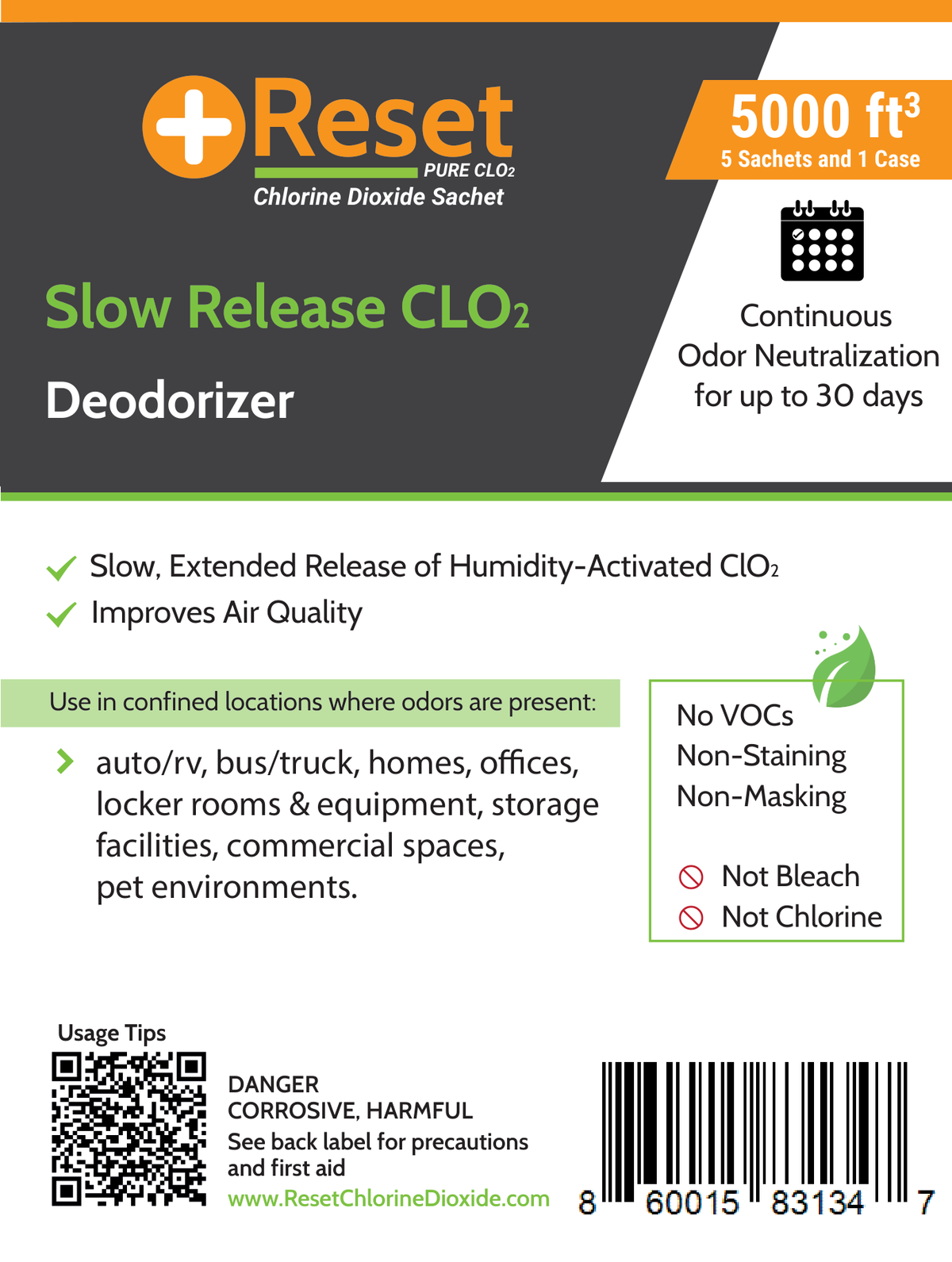 Reset Slow Release 5,000 cubic feet front label — 5 sachets and 1 case