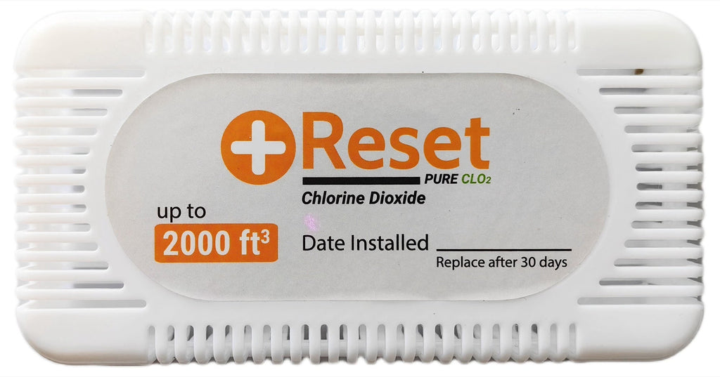 Reset Slow Release clamshell — humidity-activated ClO2 sachet holder for up to 2,000 cubic feet, replace after 30 days