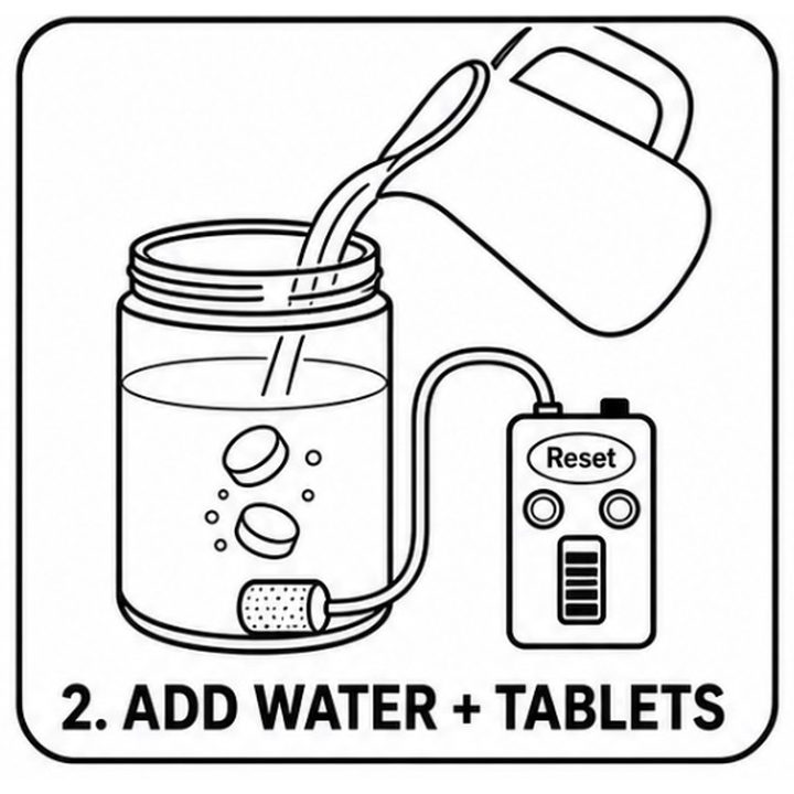 add water and tablets to the container.